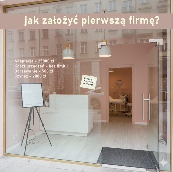 wynajecie-lokalu-na-firme Wejście do nowoczesnego, różowo-białego gabinetu kosmetycznego lub salonu urody, widoczne przez przeszkloną witrynę od ulicy.